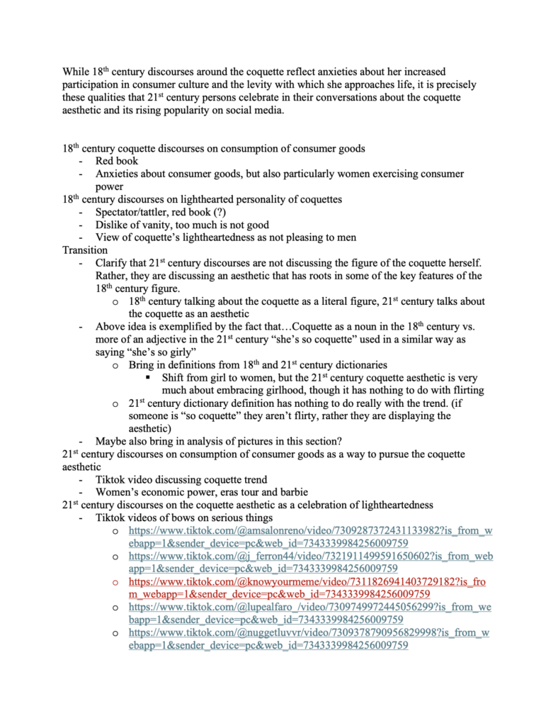 Picture of my typed notes for my English paper. The notes consist of a rough outline and links to videos that I might use in my essay. 